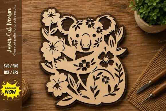 Floral Koala Laser Cut SVG: Premium Design File